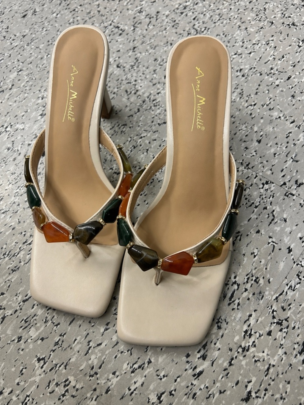 Anne Michelle Cream Square-Toe Heel Sandals with Multicolor Bead Detail